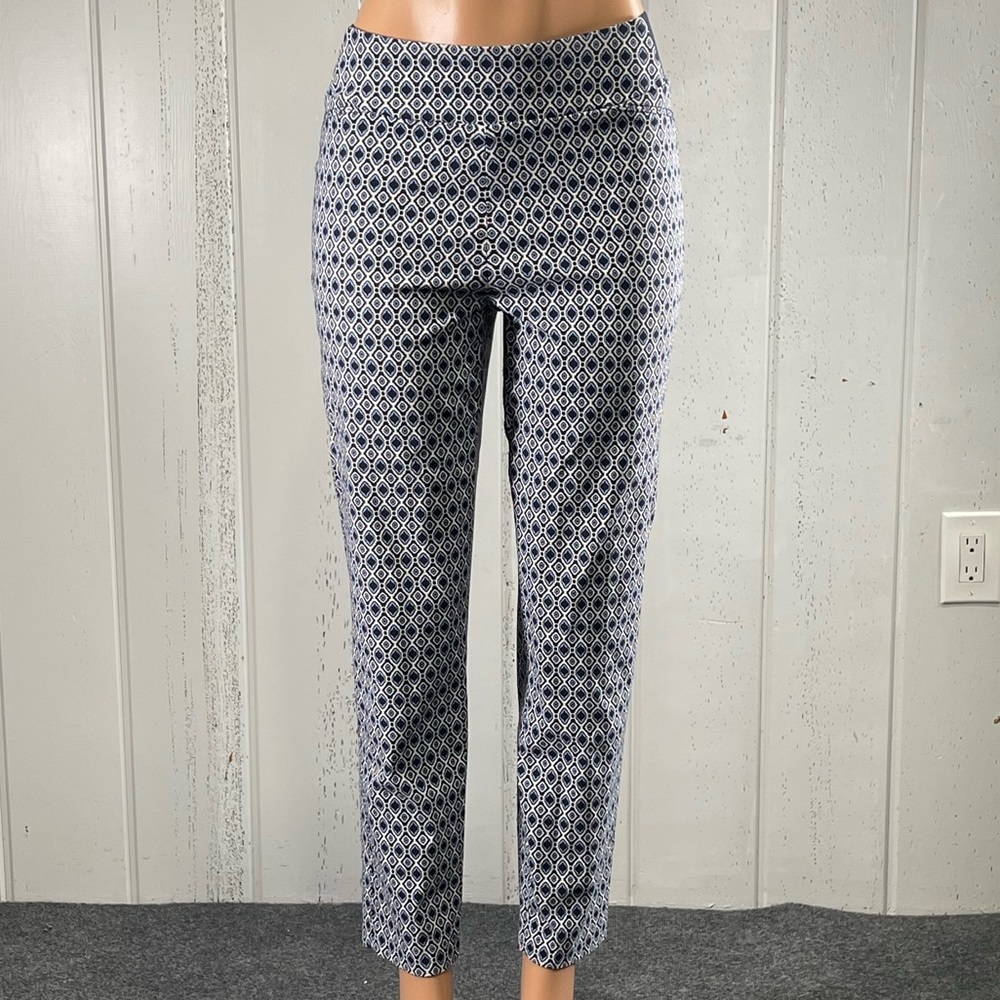 *Investment Women's Blue &.  White Geometric Print Ankle Pants Sz 8